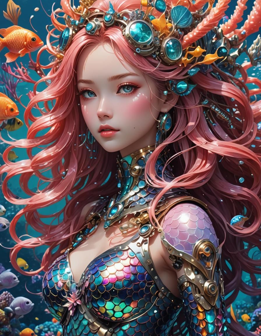 Robot Mermaid in Coral Reef: Anime Cyberpunk Art
