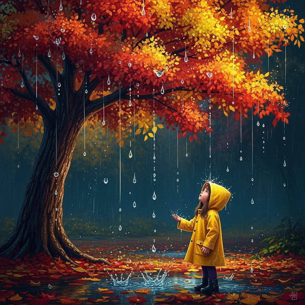 Magical Autumn Scene: Girl Watches Raindrops Fall