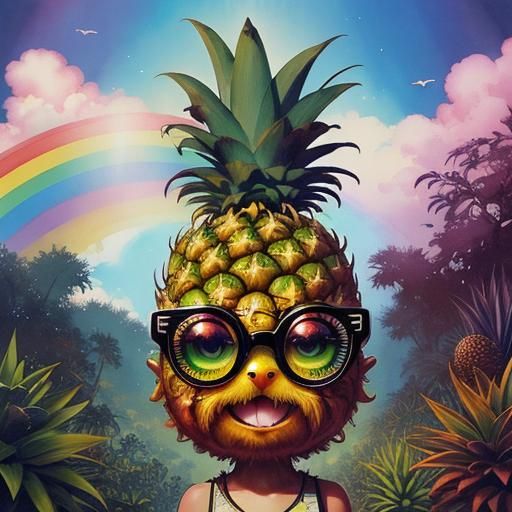 Chibi Pineapple Creature with Rainbow, Watercolor Style