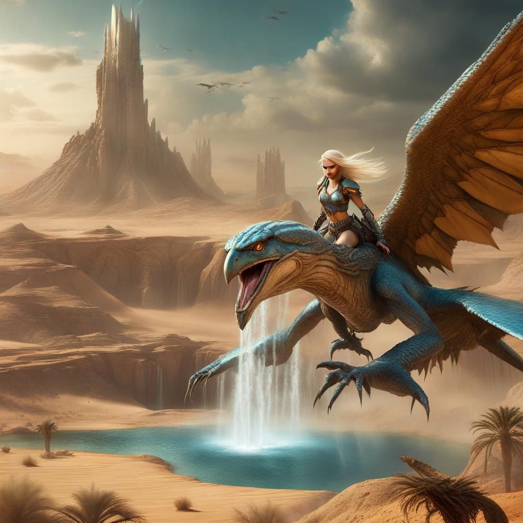 Fantasy Princess Rides Thunderbird Across Desert World