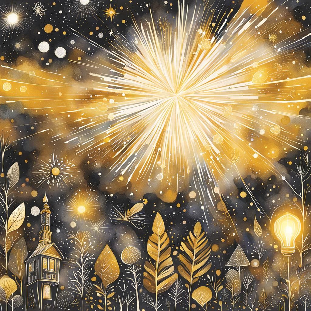 Whimsical Ink Illustration of a Golden Light Spark