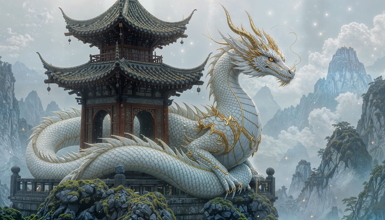 Celestial Dragon Coiled Around Ancient Pagoda