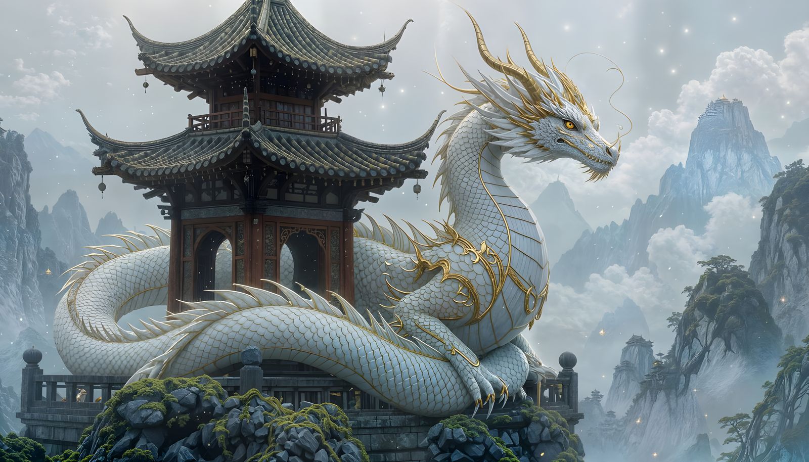 Celestial Dragon Coiled Around Ancient Pagoda
