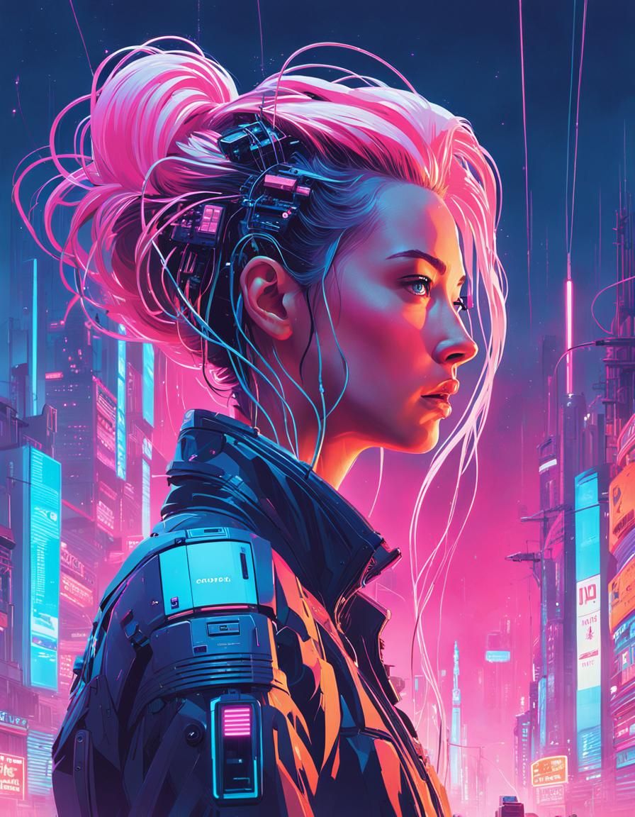 Cyberpunk Cyborg with Flowing Hair and Glitches