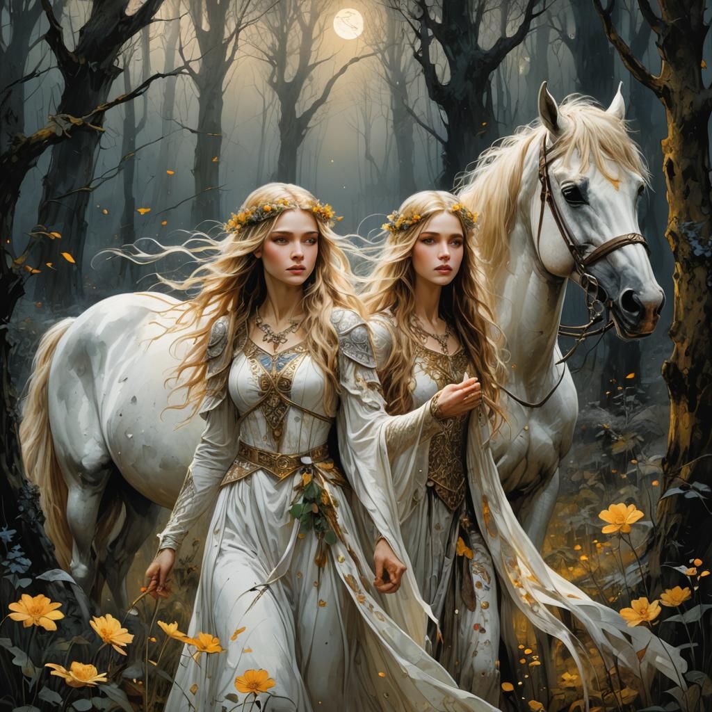 Medieval Woman in Moonlit Forest, Fantasy Art