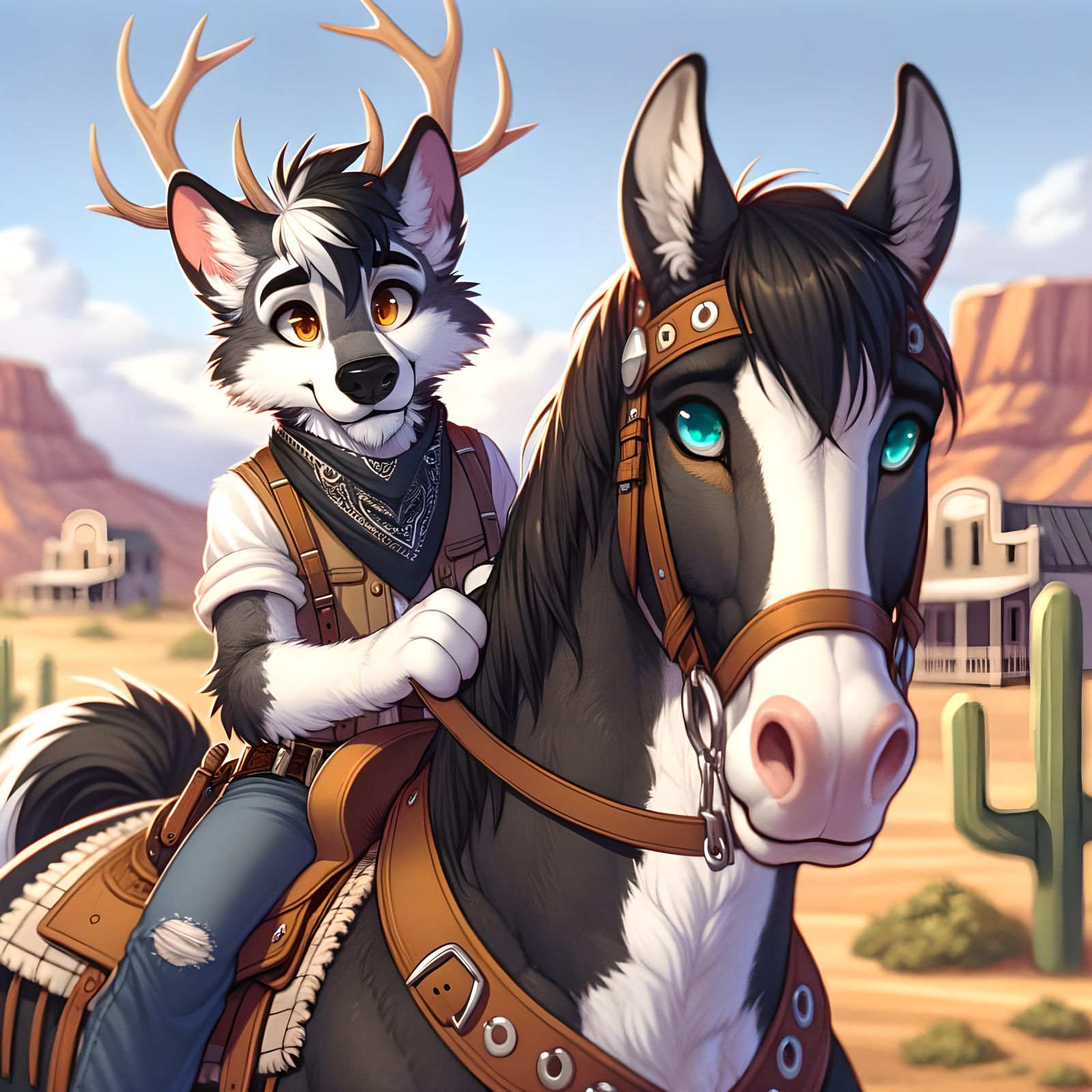 Anthropomorphic Wolf Cowboy on Clydesdale in Arizona