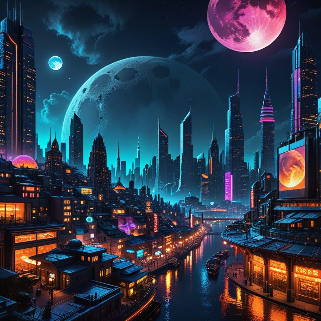 Vibrant City Under a Grand Full Moon in Futuristic Style