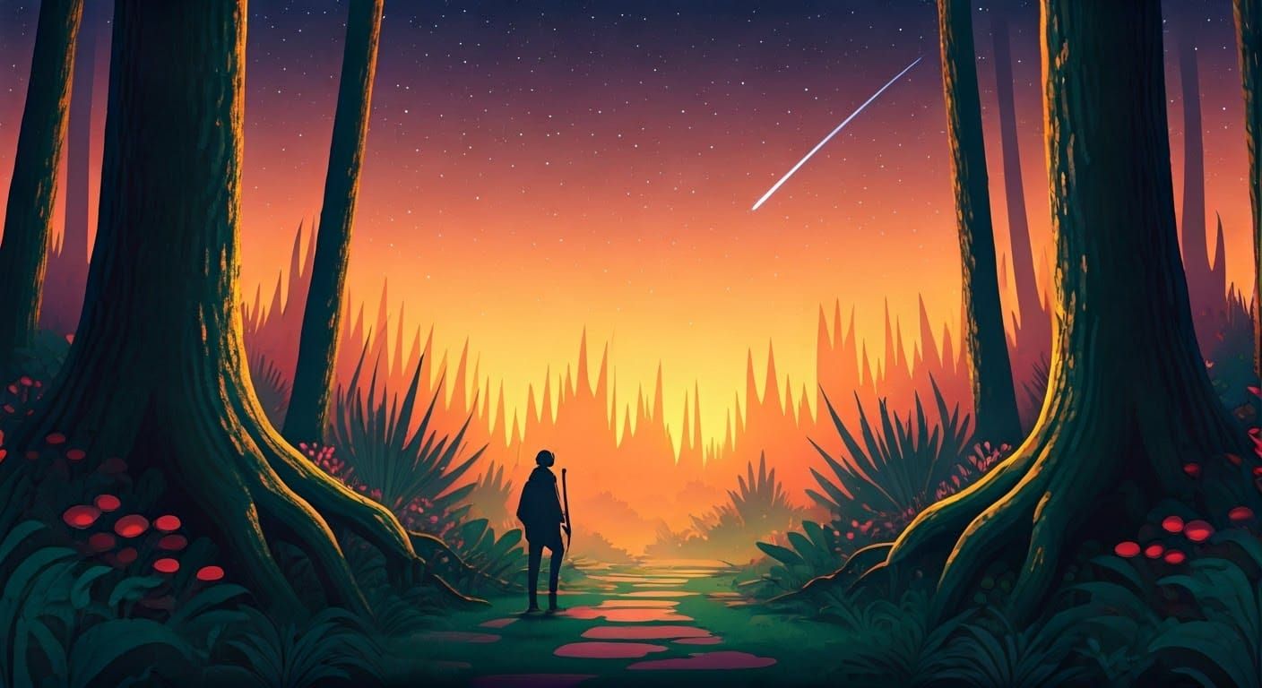 Mystical Forest Adventurer at Dawn in Miyazaki Style