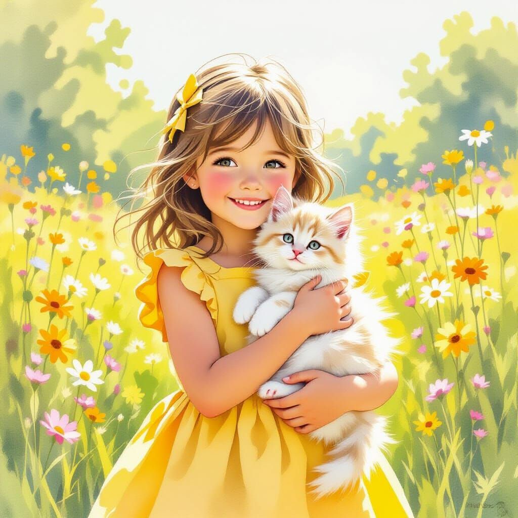 Girl with Kitten in Meadow, Beatrix Potter Style