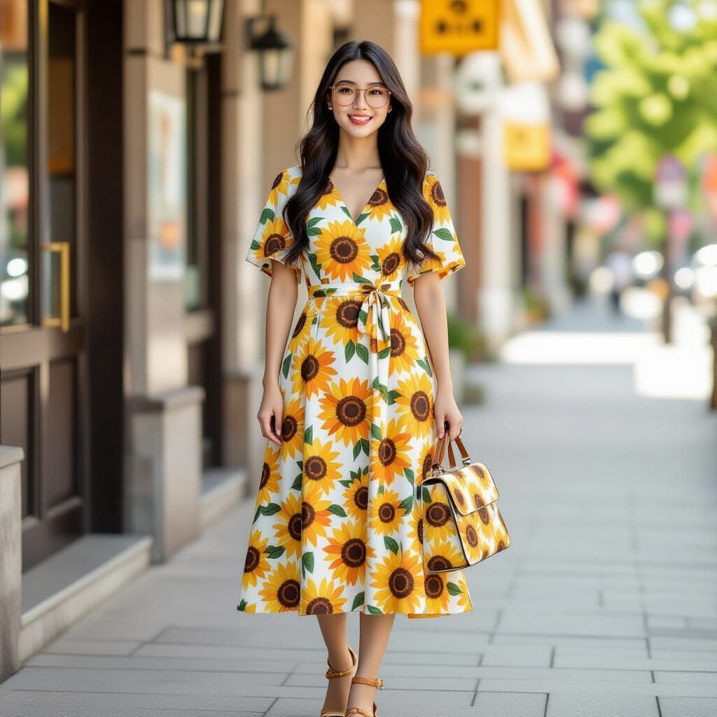 Korean Woman in Sunflower Dress, Full Body Portrait