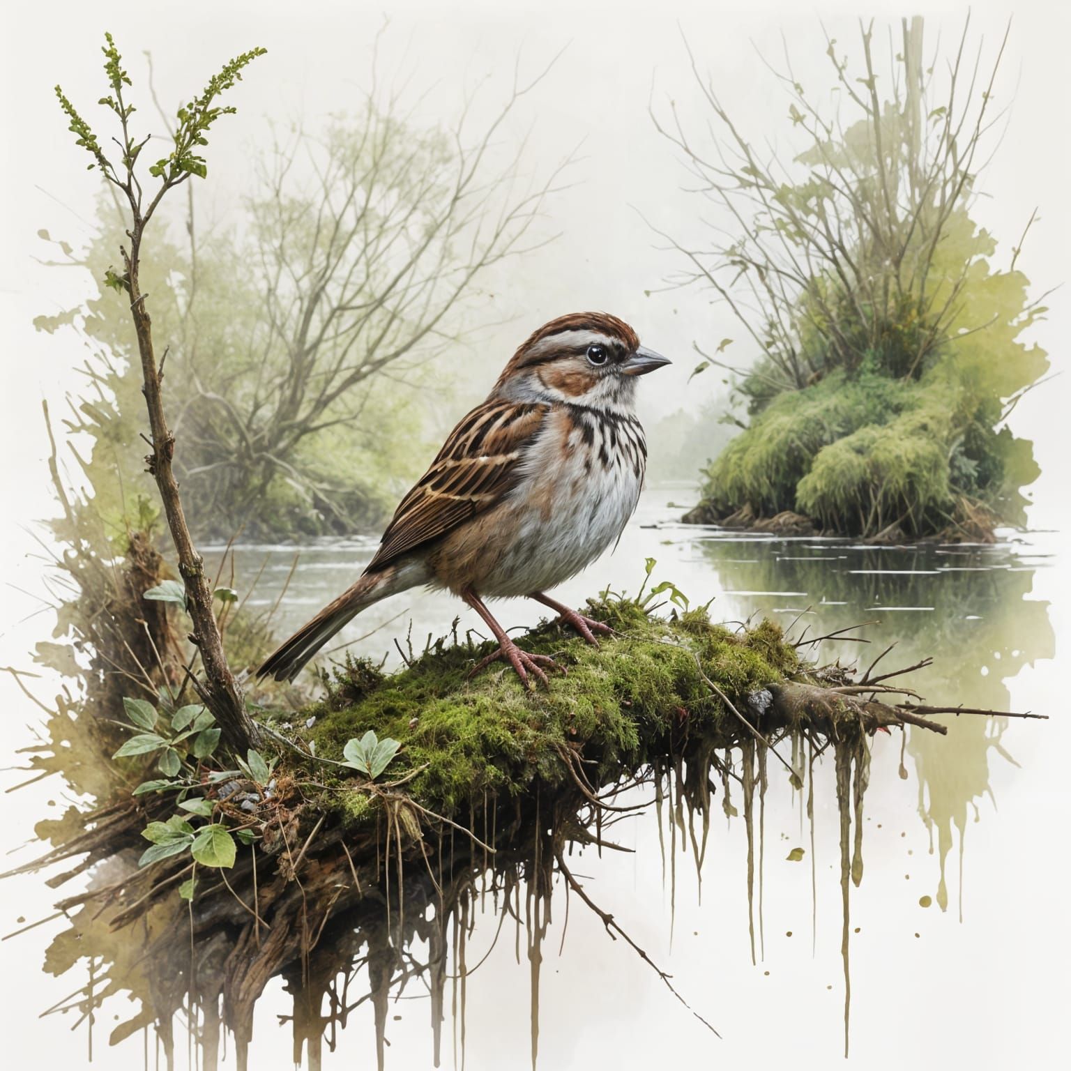 Whimsical Watercolor Woodland Scene with Sparrow