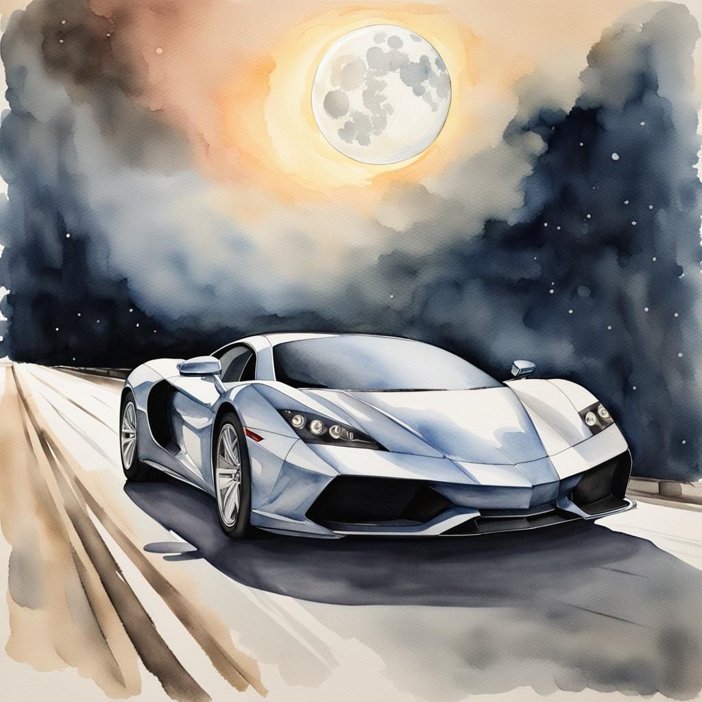 Sleek Supercar Under Moonlight: Watercolor Painting