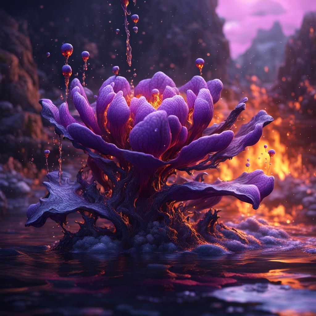 Fantastical Purple Flower with Water and Fire
