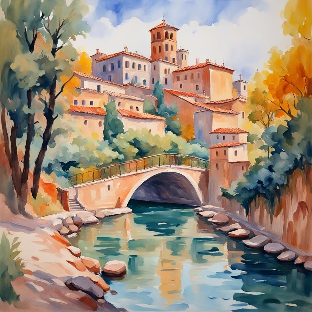 Japanese Temple Sunset in Gouache Style