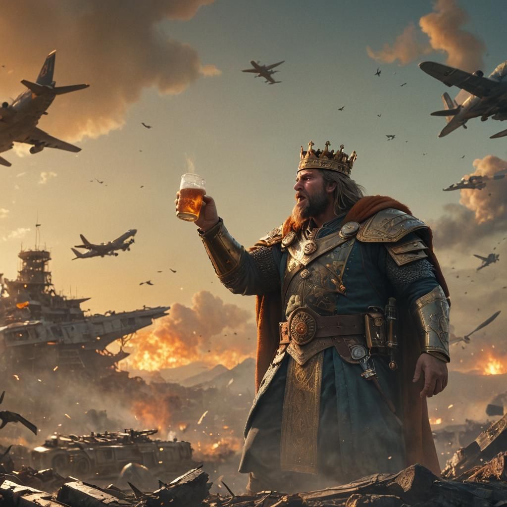 Angry King Drinks Beer in War-Torn Landscape