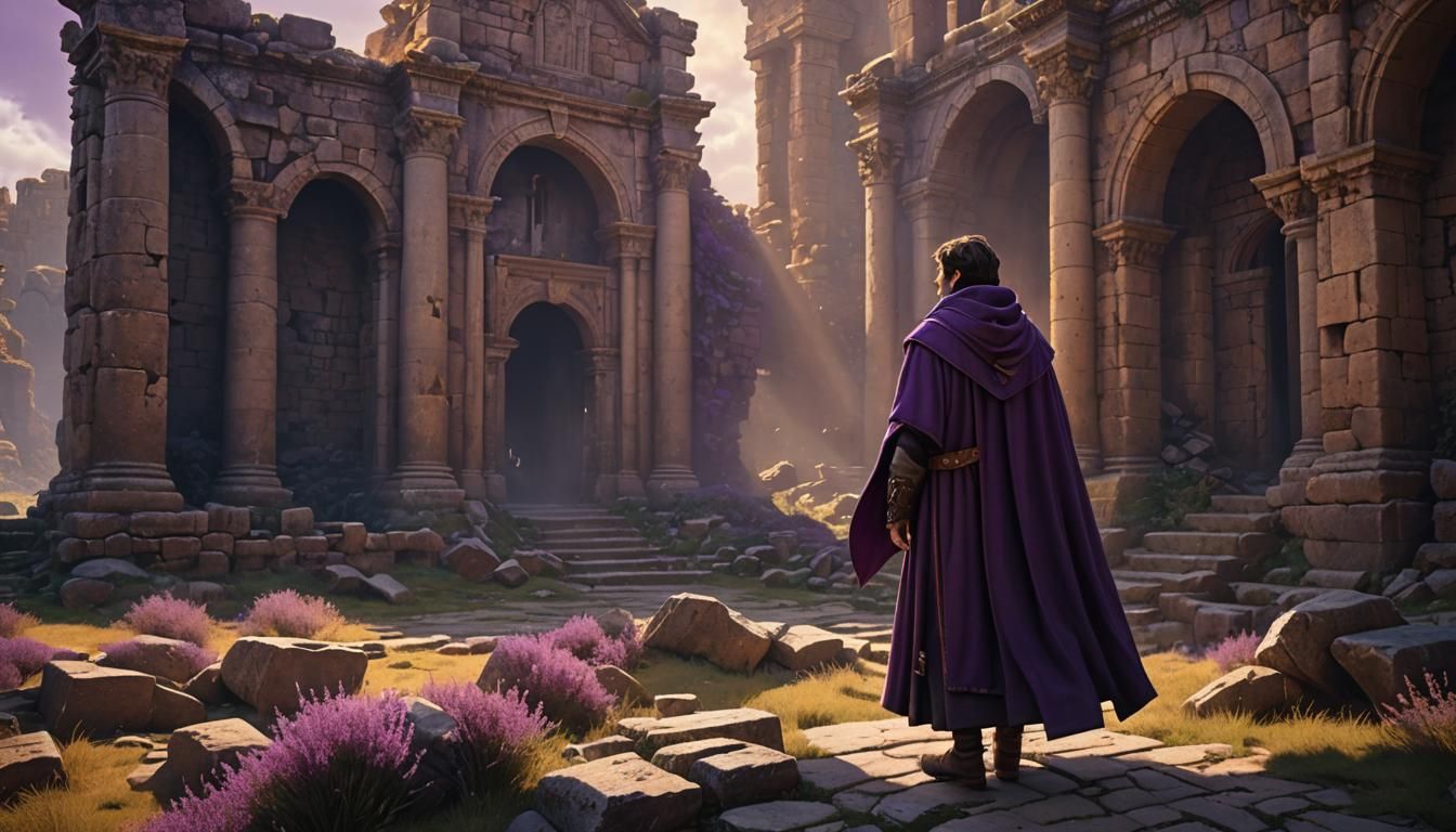 Sorcerer in Heather Cloak Amidst Ancient Ruins