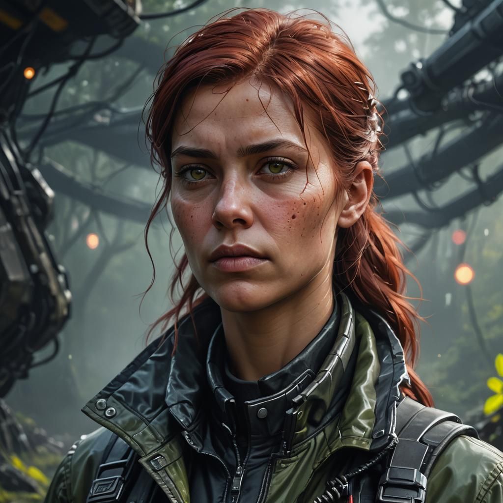 Olive-Skinned Explorer Portrait in Giger-Stalenhag Style