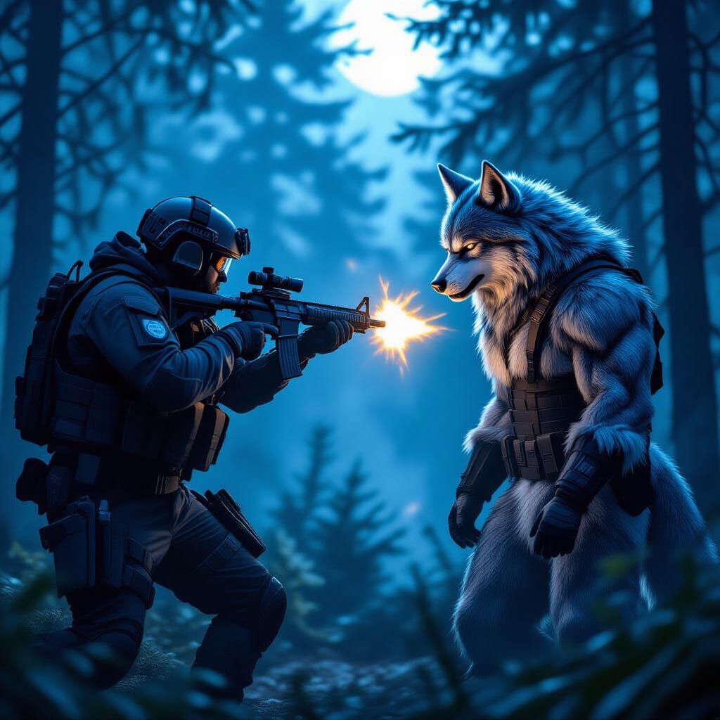 Tactical Man Confronts Wolf-Costumed Figure in Moonlit Fores...