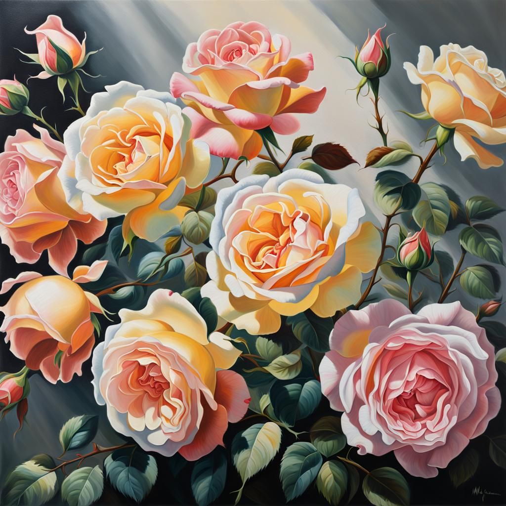 Hyperrealistic Oil Painting of Roses Still Life