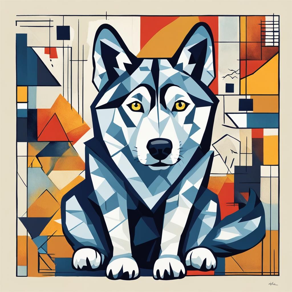 Minimalist Husky Illustration in Cubist Geometric Style