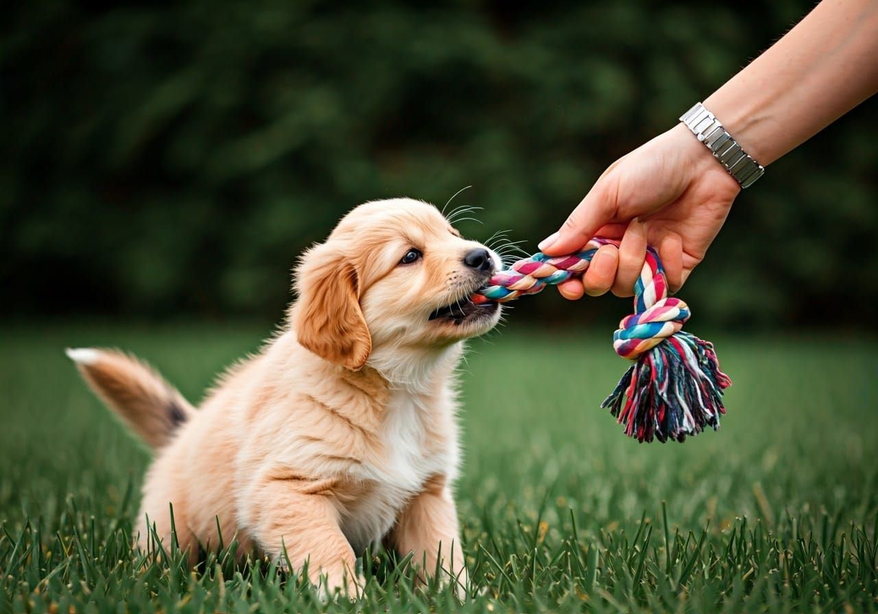 Adorable Puppy Tugging on Rope Toy, Photorealistic Style