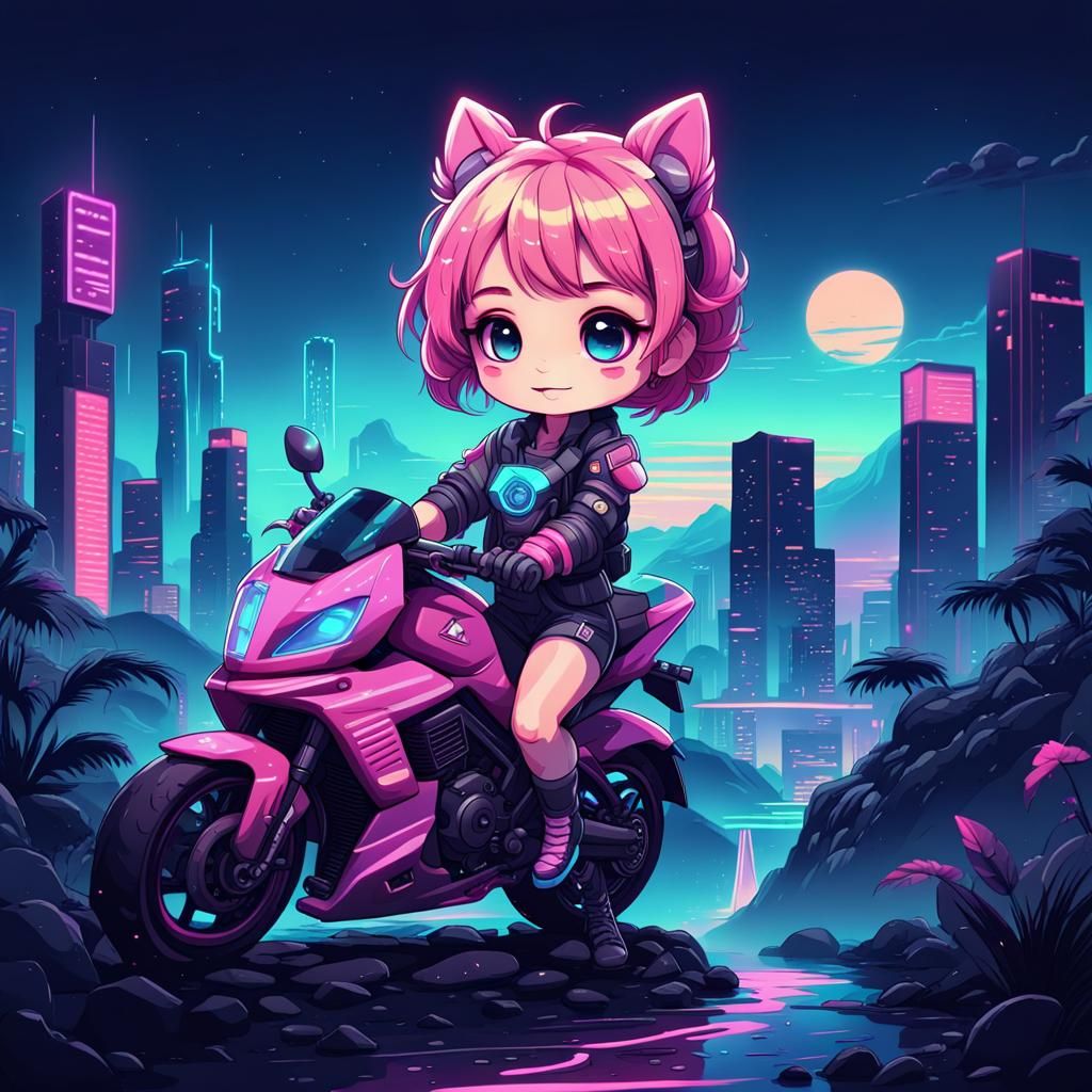 Charming Chibi Character in Synthwave Neon Retro Style