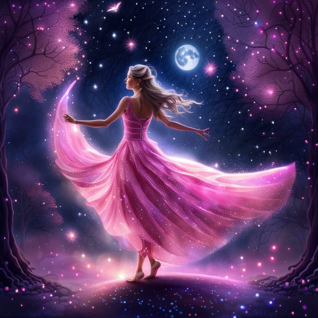 Lady Dancing in Moonlight with Fairies, Holographic Illustra...