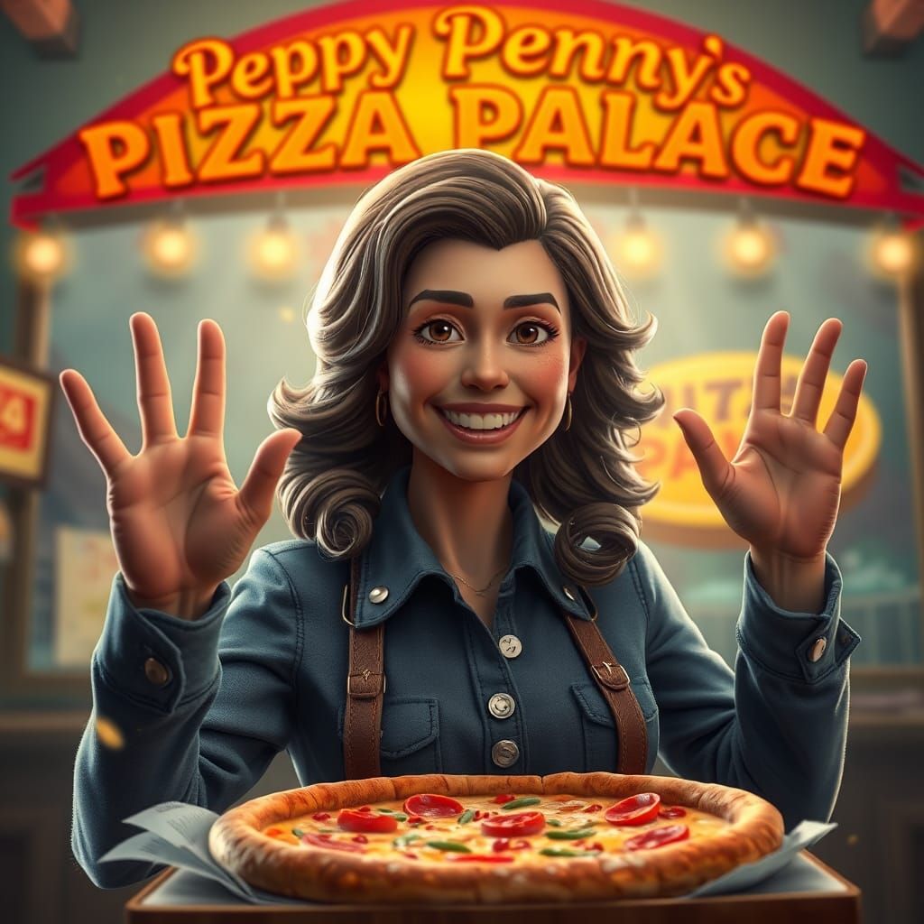 Peppy Penny's Pizza Palace: Cheerful Woman Advertises Pizza