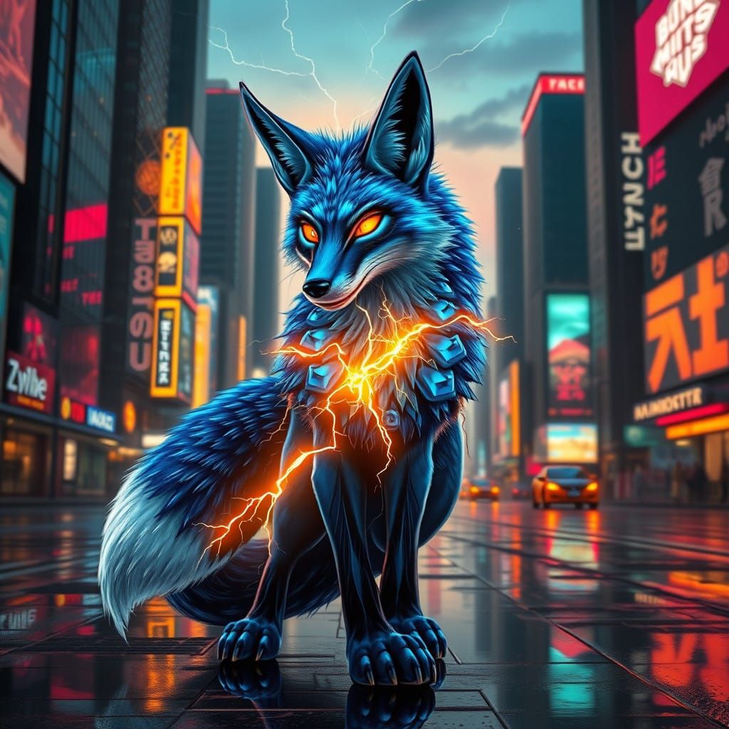 Electric Fox in Cyberpunk Cityscape