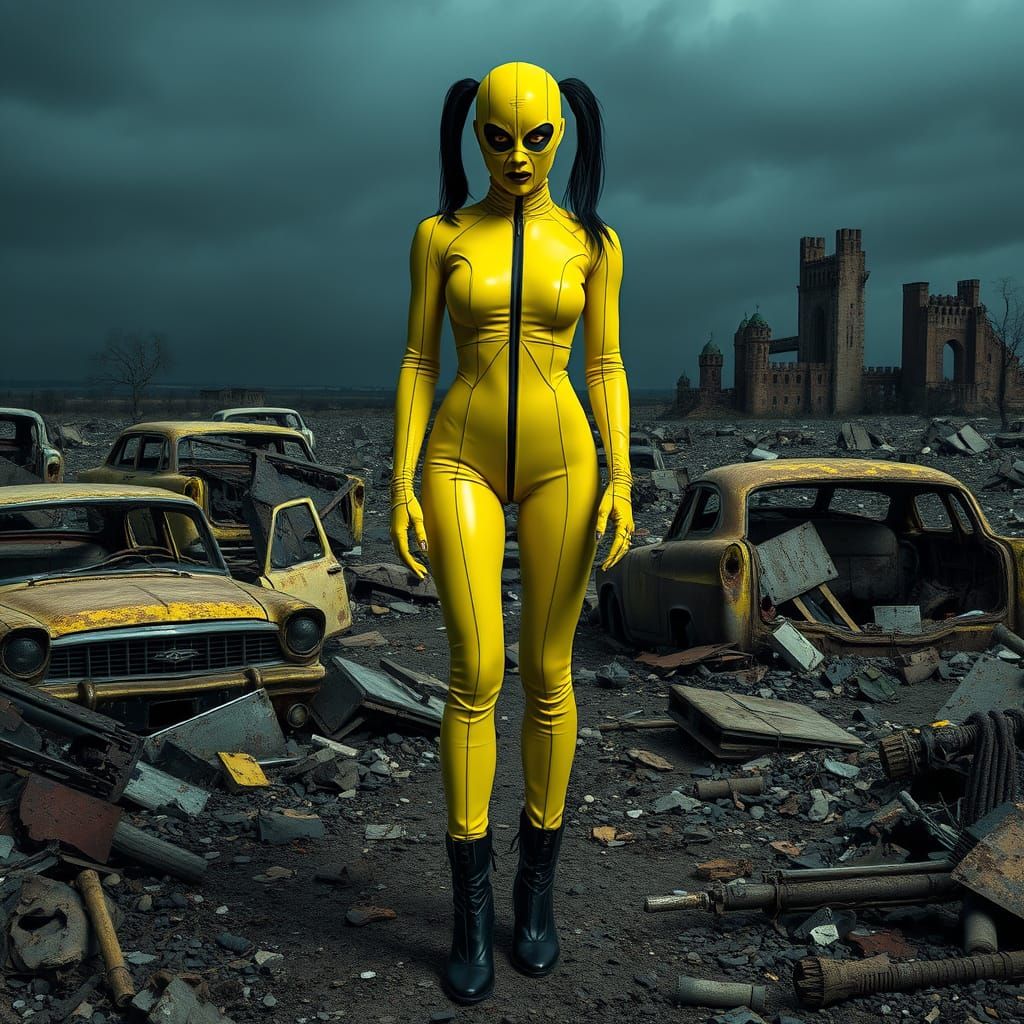 Post-Apocalyptic Woman in Yellow Latex, Frozen in Fear