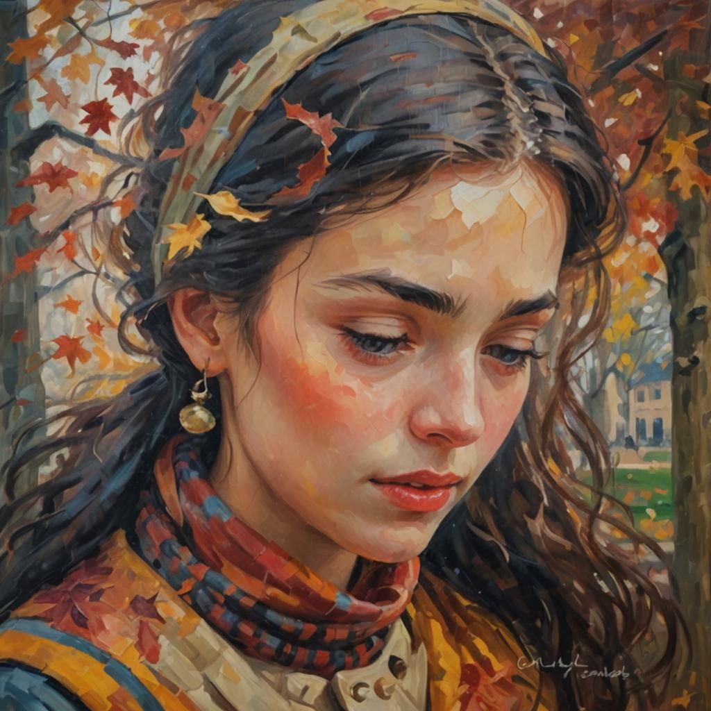 Impressionist Woman in Autumn Leaves