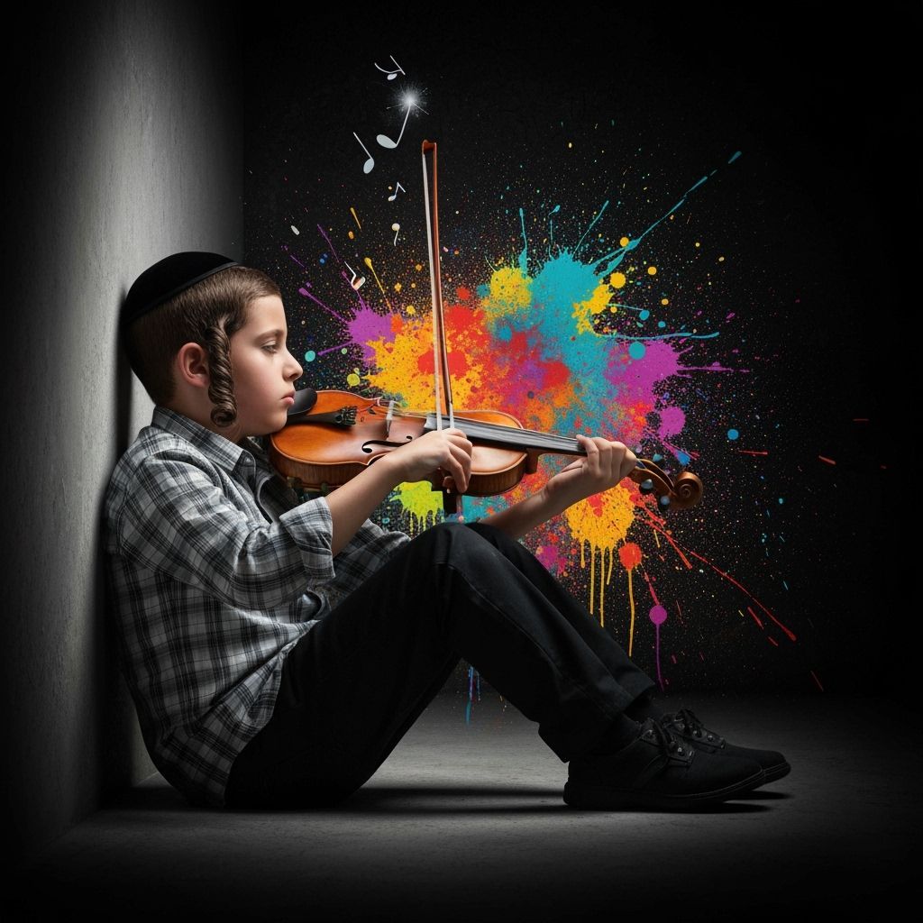 Hasidic Boy Plays Violin in Graffiti Art Style