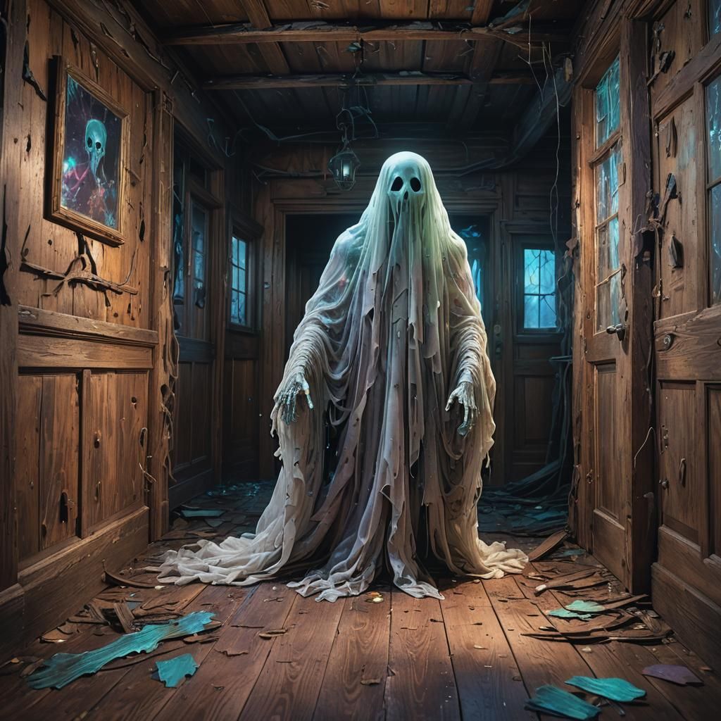 Ethereal Ghost Gliding Through Haunted House