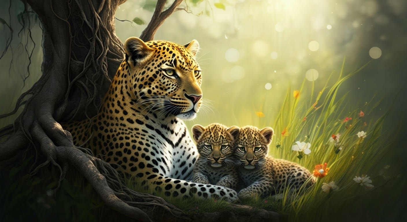 Leopard Family in Tall Grass: Fantasy Concept Art