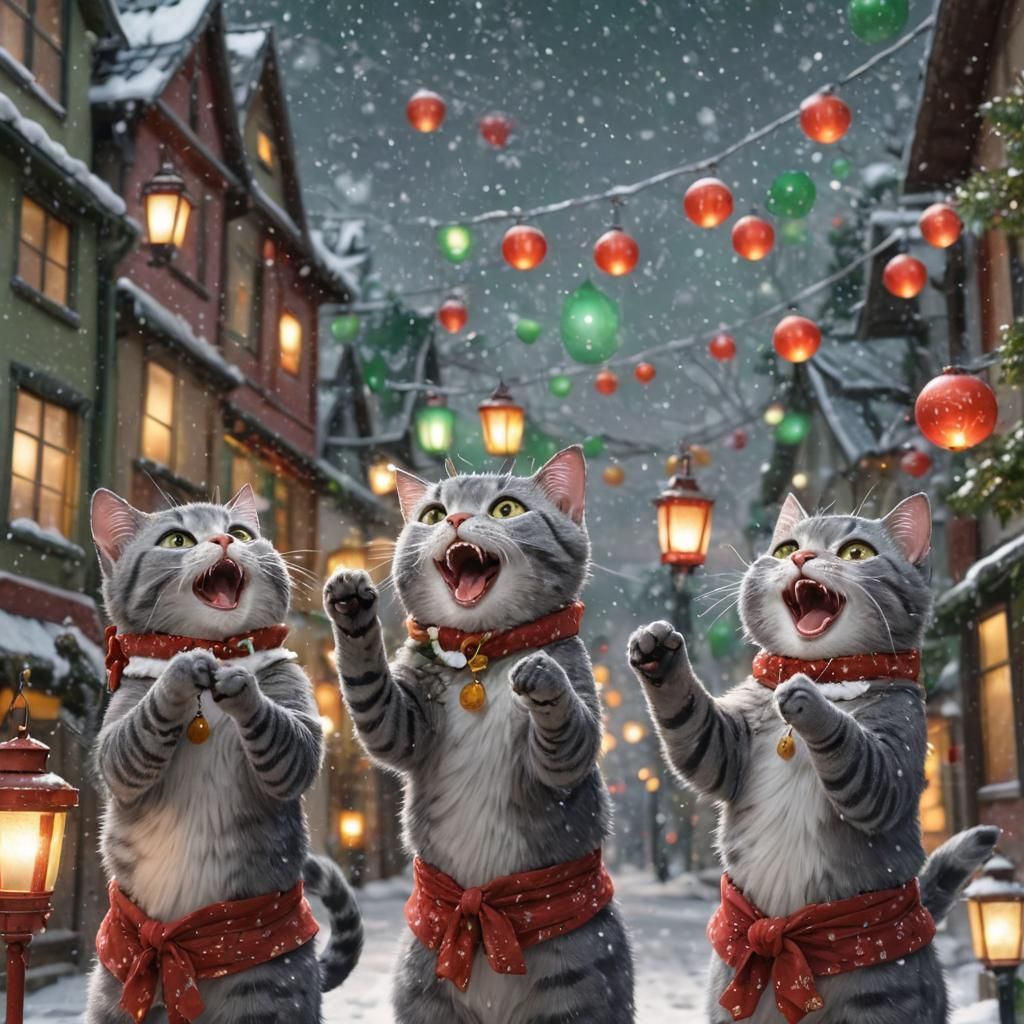 Christmas Cats Singing Joyously in Anime Style