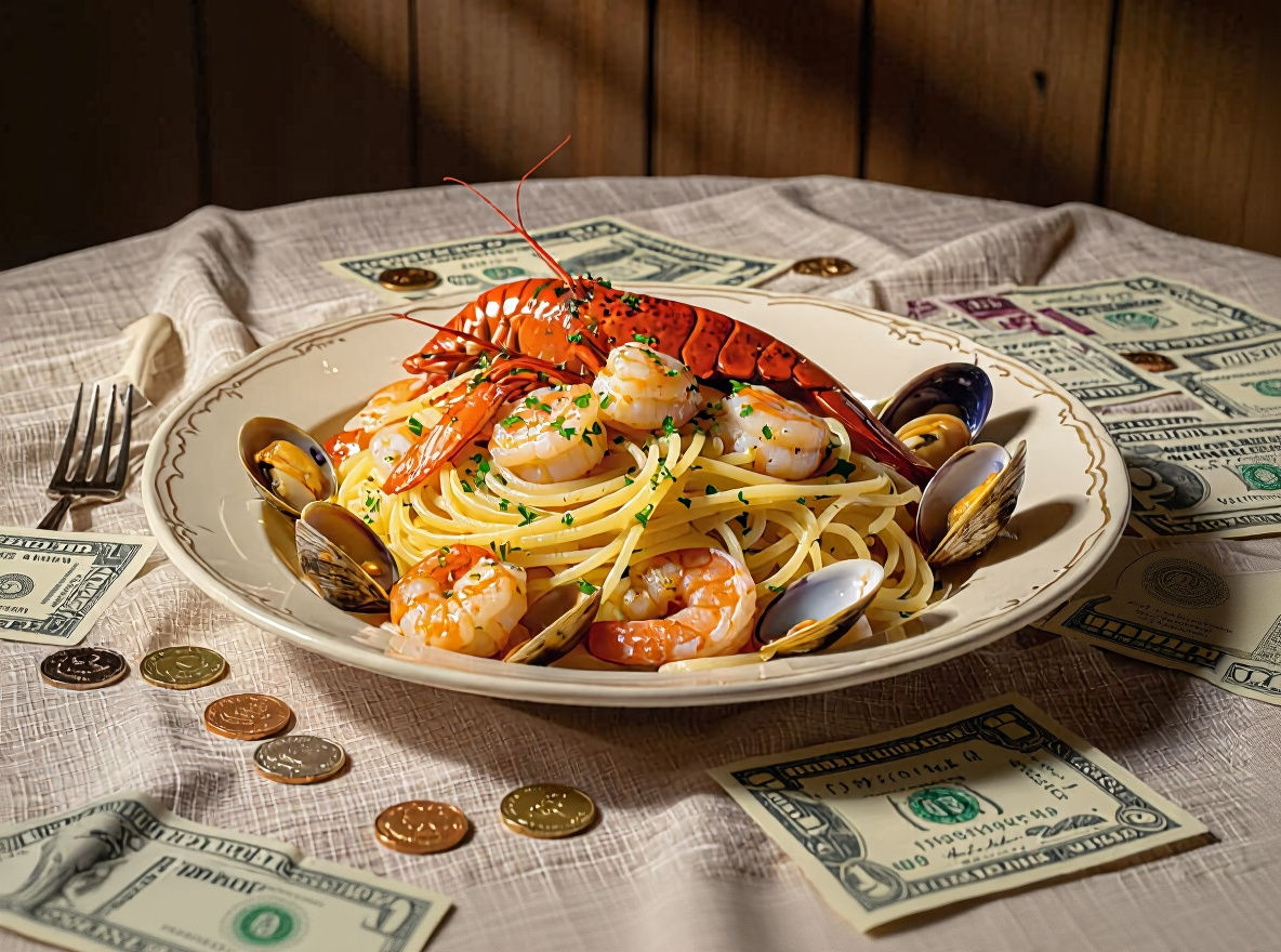 Luxurious Seafood Pasta with Money: A Surreal Composition