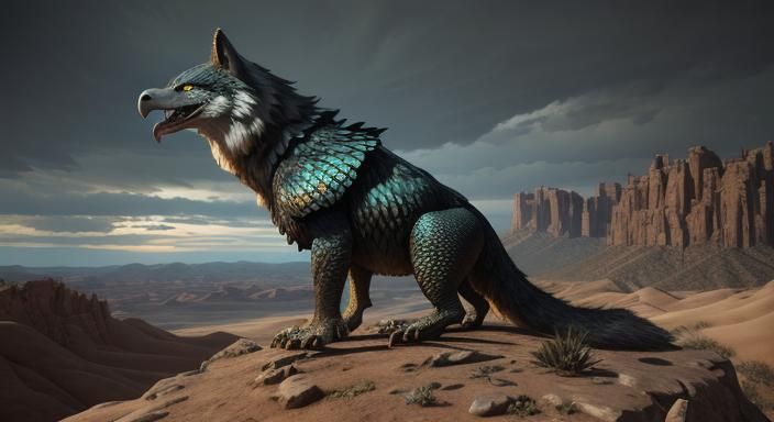 Mutated Wolf Hybrid Overlooking Desert Landscape