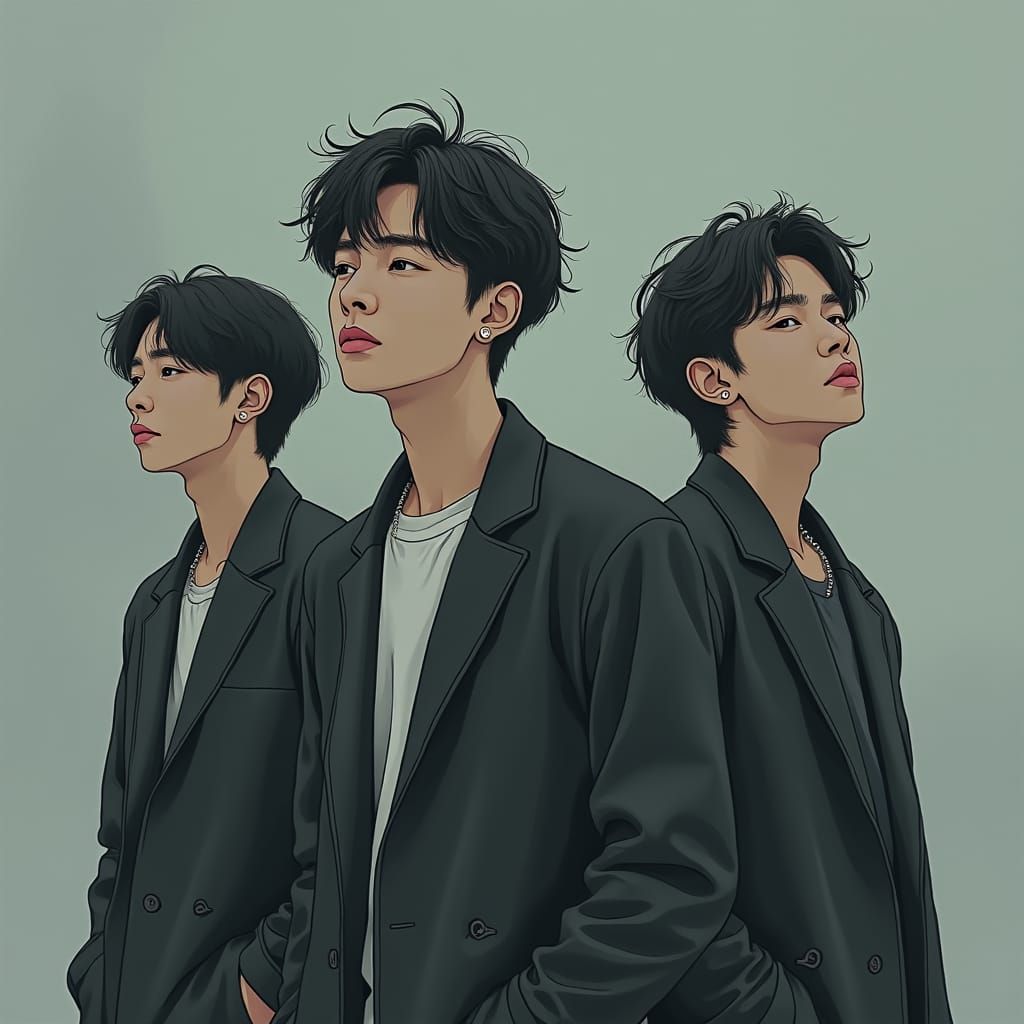 Melancholic Portrait of Stray Kids with Expressive Features