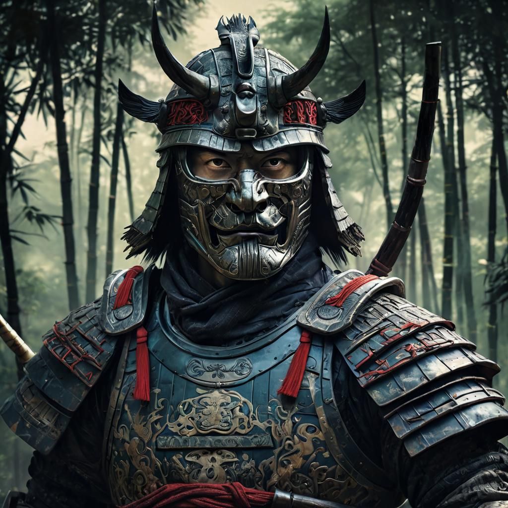 Majestic Samurai Double Exposure in Impasto Style