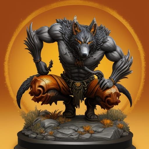 A wolf shifter statue made all of orange and yellow wulfenit...