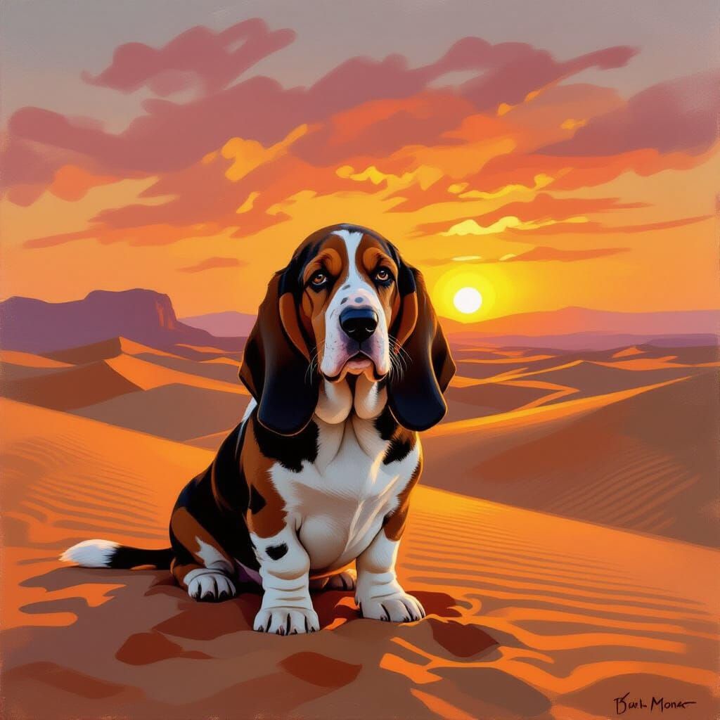 Impressionist Basset Hound in Desert Sunset