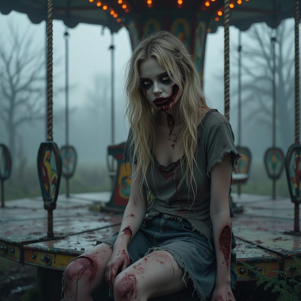 Zombie Girl on Broken Carousel in Foggy Park