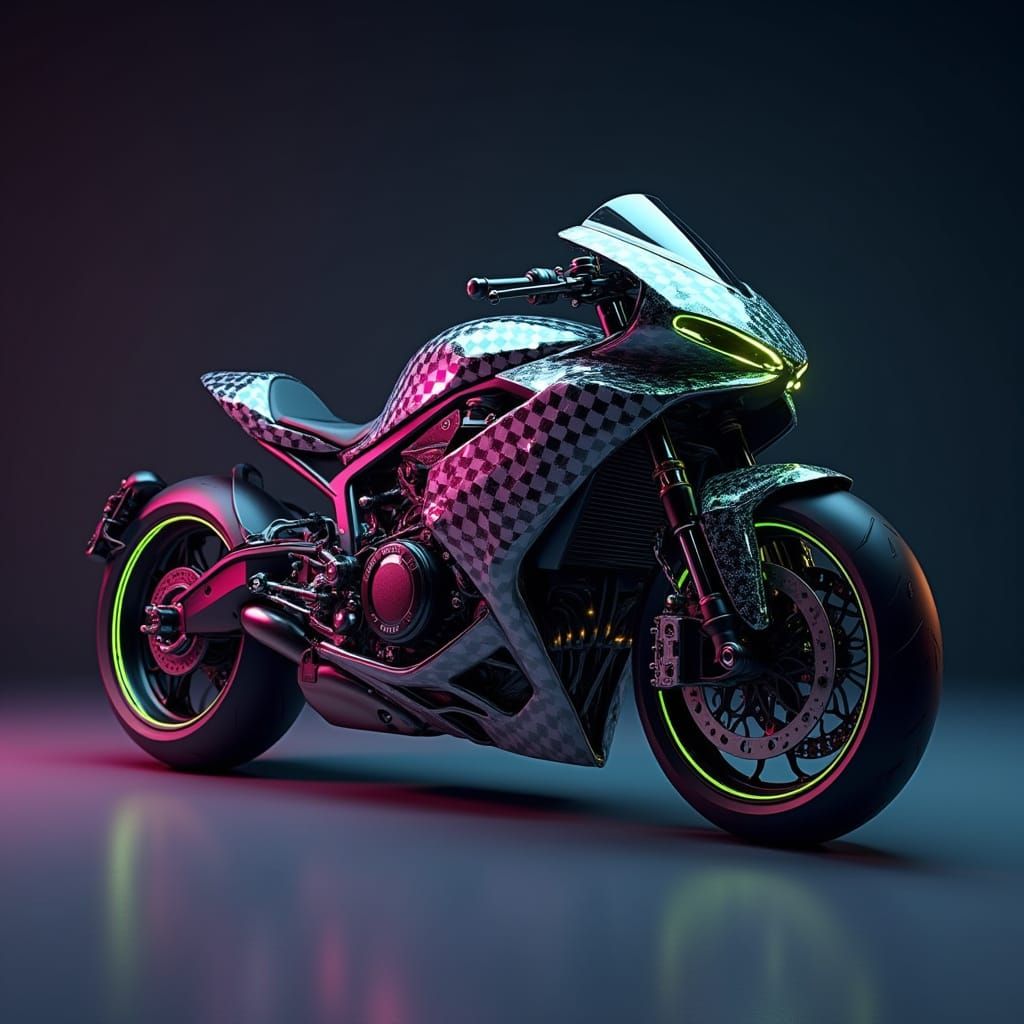 Futuristic Sports Bike in Neon Gingham Accents