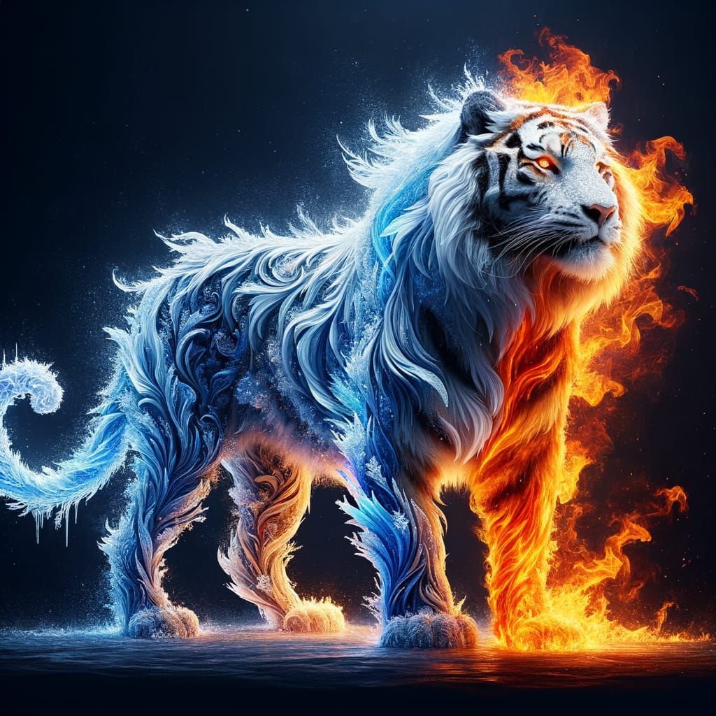 Magical Tiger of Ice and Flame in Darkness