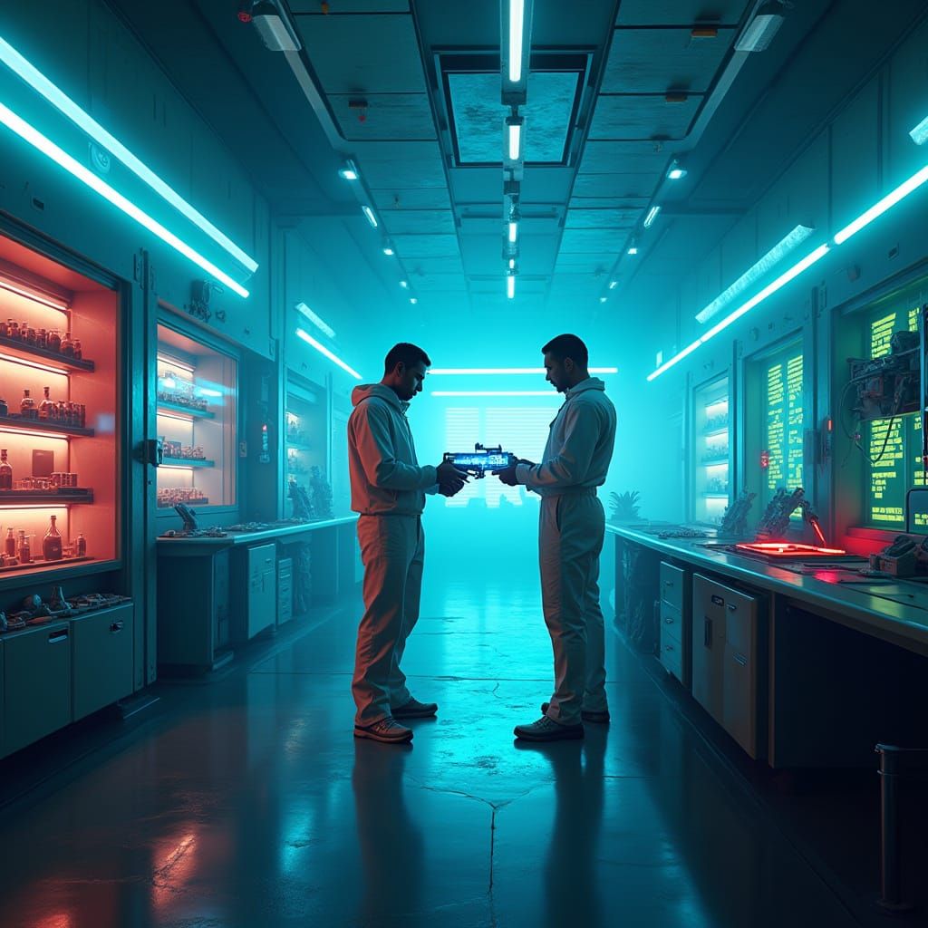Futuristic Lab with Scientists Analyzing Plasma Gun in Neon ...