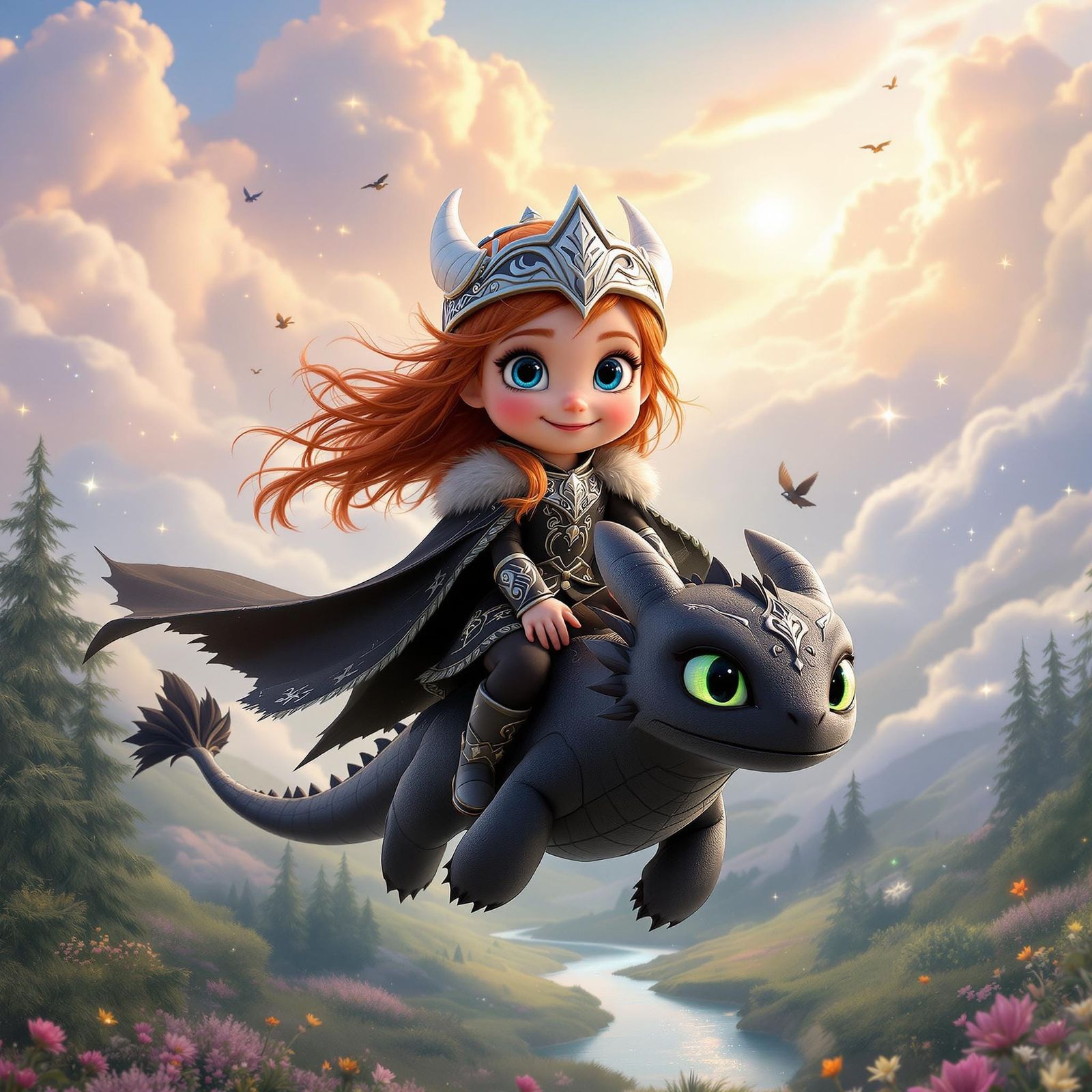 Disney-Style Baby Elsa Riding Dragon in Enchanted Forest