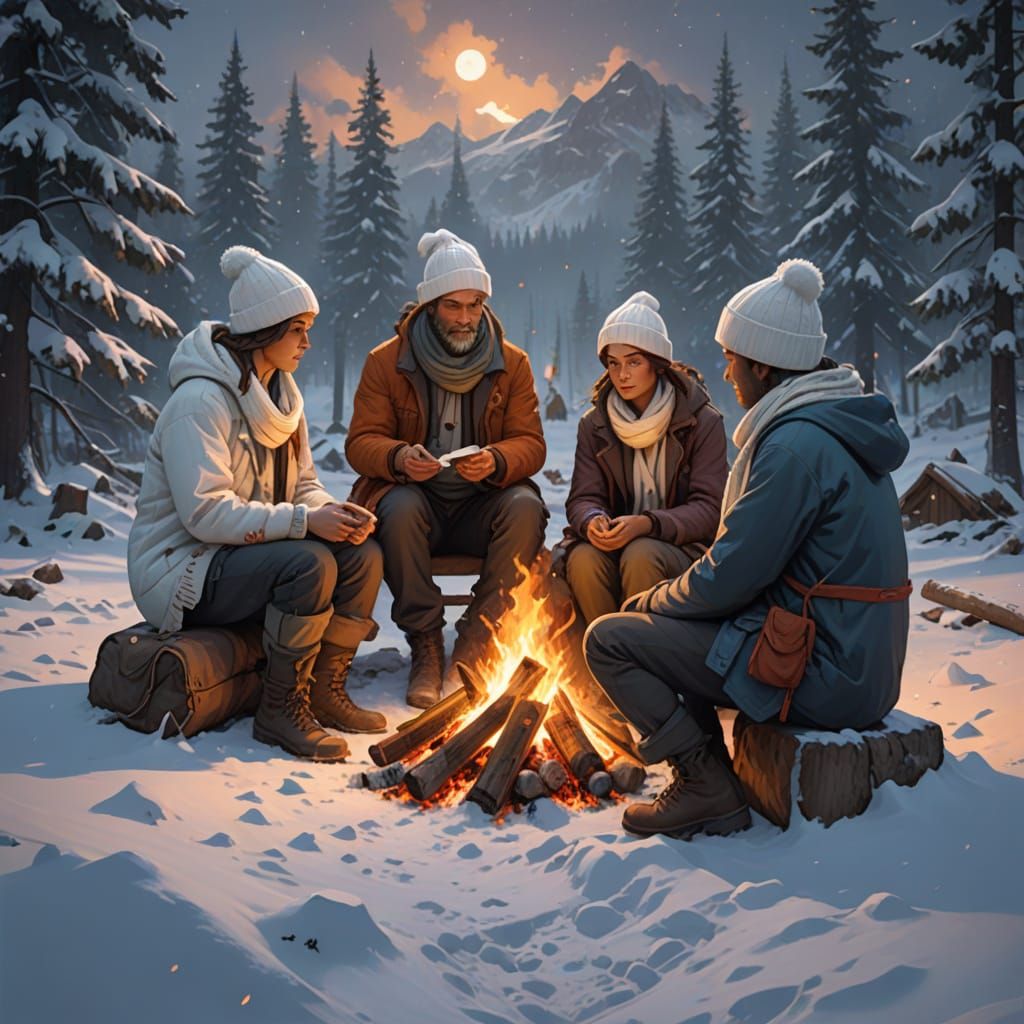 Winter Campers Gather Around a Warm Campfire in the Snowy Wi...