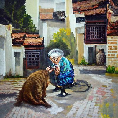 Old Woman Scolding a Cat in Oil Painting Style