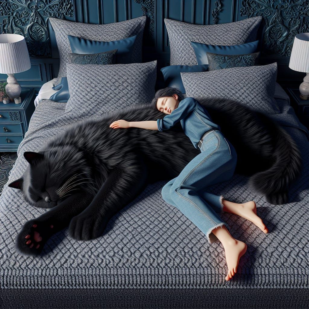 Woman Sleeping on Giant Cat in Snug Bedroom