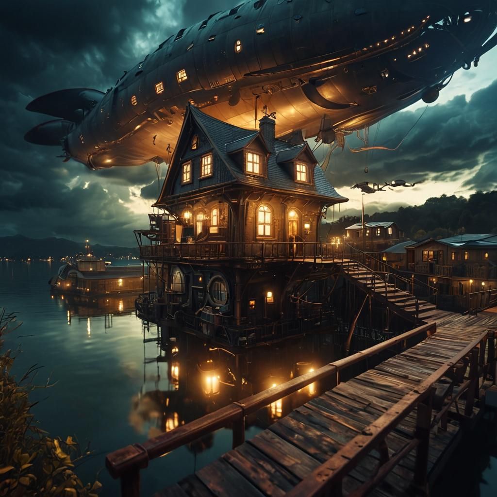 Steampunk House on Stilts with Airship